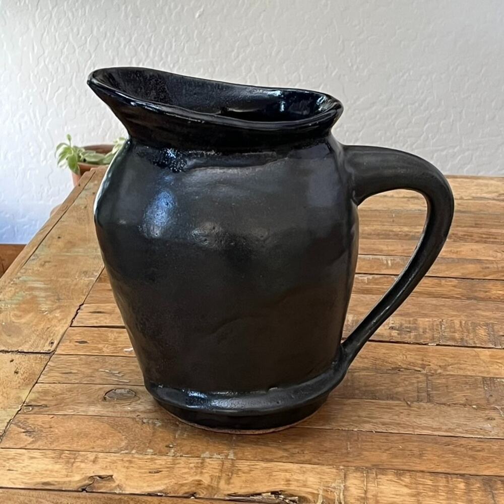 Studio Art Pottery Pitcher Dark Blue Salt Glaze Artist Signed 9.75” Heavy